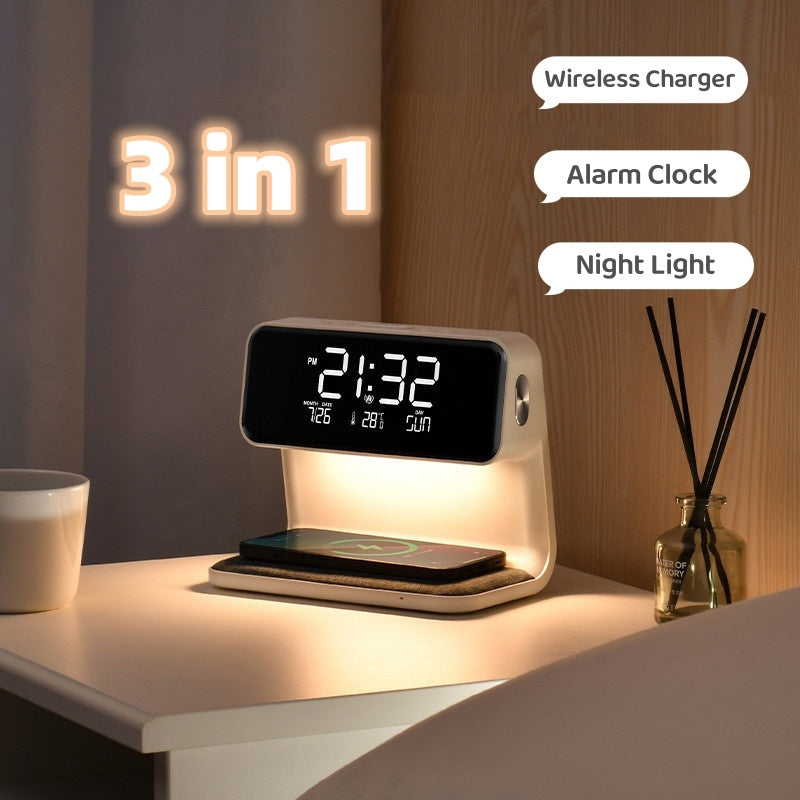 Creative 3-in-1 Bedside Lamp with Wireless Charging and LCD Alarm Clock